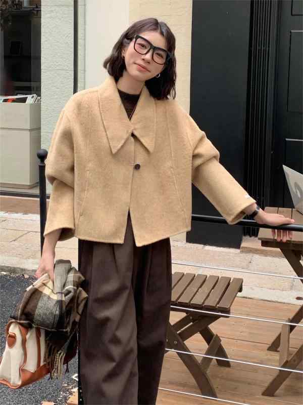 レディース コート 秋冬 双面ウール ショート丈 小柄向け 無地 上品 暖か アウター 軽量 街着 普段使い
