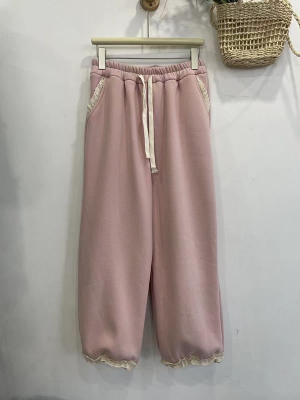 パンツ レディース ゆったり スウェット 冬用 起毛 暖か 甘め デザイン 裾絞り レース 花柄 切り替え カジュアル 普段使い フェミニン スタイル