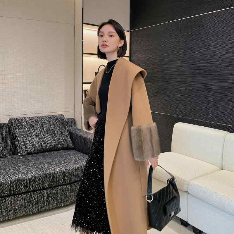 レディース 秋冬 コート ロング丈 大襟 ダブルフェイス 羊毛 高級感 ミンクファー 袖口 ウール 混 暖か 防寒 機能