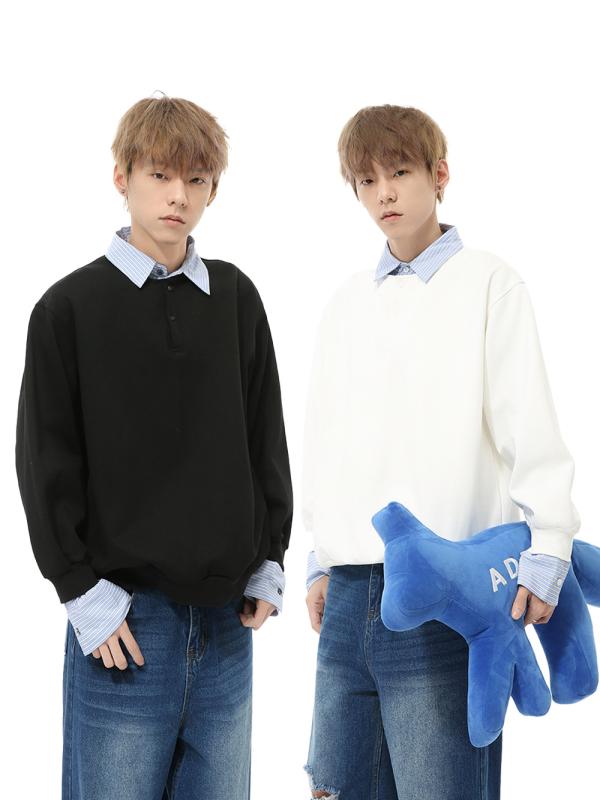 流汗 メンズ 秋 韓国 フェイクライヤード ツートンカラー 縞模様 襟付き添い人 ティーシャツ レイヤードスタイル 心地好い トップス 表どおり流行り物 軽さ 綿織物混