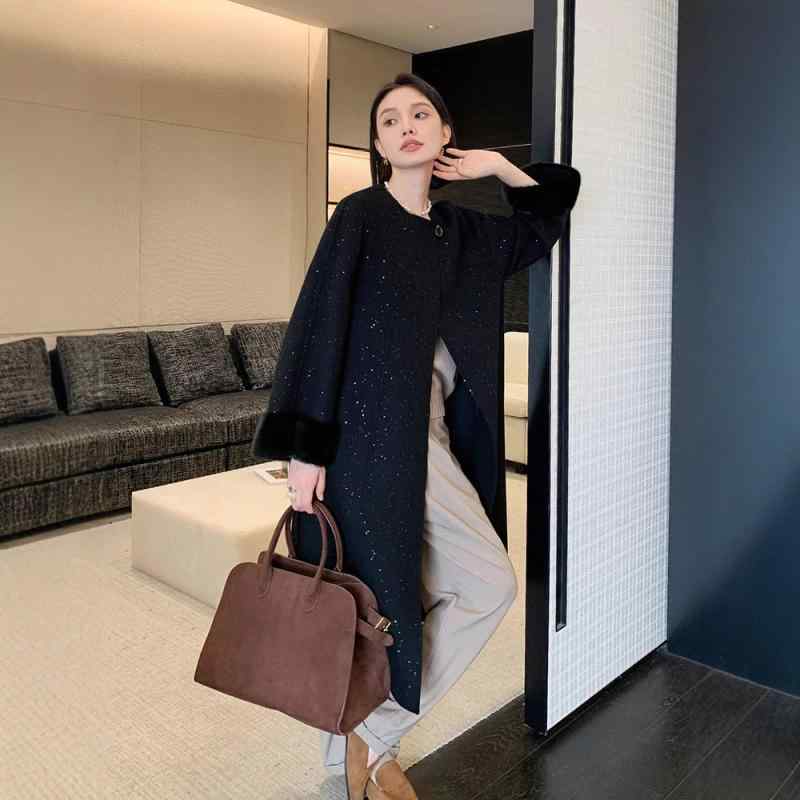 厚地の外套 レディース 秋冬 御前上等感 ラメ 羊毛 ダブル人間の顔 カシミヤ ミンクのコート毛皮 リストバンド 生あたたかい 軽さ ロング丈 黒いこと 薄墨色 ベージュ