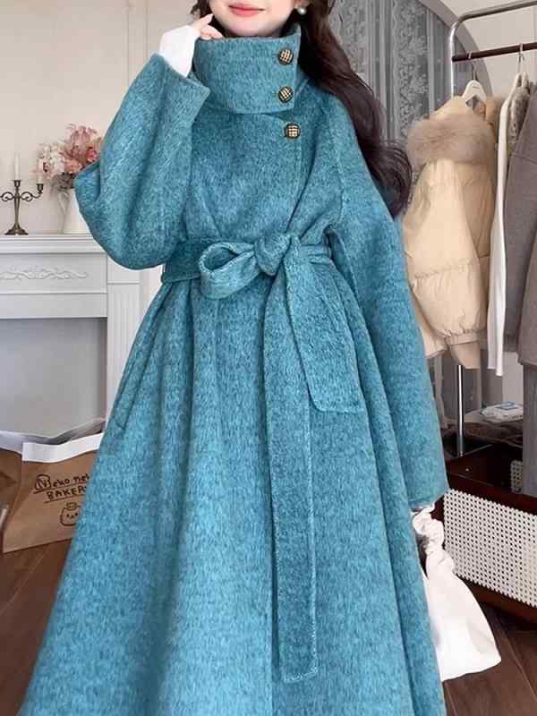 レディース 秋冬 ロングコート 長袖 スタンドカラー ダブルフェイス ウール カシミア ベルト付き アウター 高級感 暖かみ 通勤用 普段使い 防寒 軽量 伸縮性