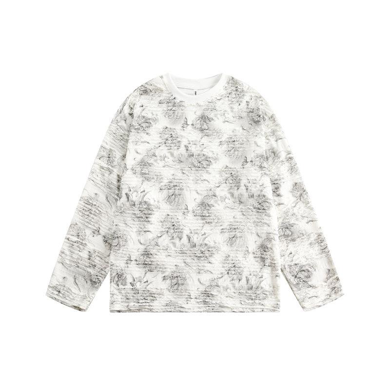 Tシャツ メンズ 長袖 秋 クール 高級感 墨絵風 花柄 プリーツ トップス カジュアル 普段使い