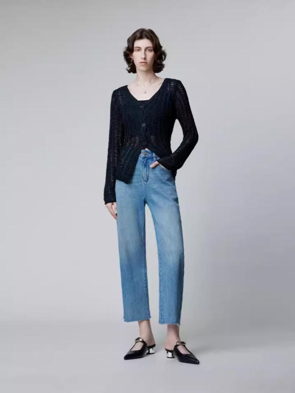 デニムパンツ レディース 秋 伸縮性 素材 高級感 フリンジ アンクル丈 ルーズ ストレート 普段使い 洗練シルエット 快適フィット