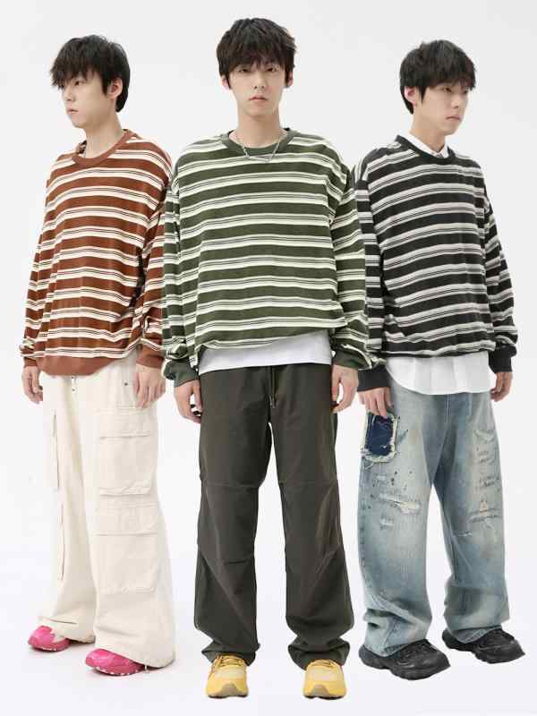 Tシャツ メンズ 長袖 ストライプ柄 クルーネック ゆったり 韓国風 秋 カジュアル トップス コントラストカラー ルーズフィット