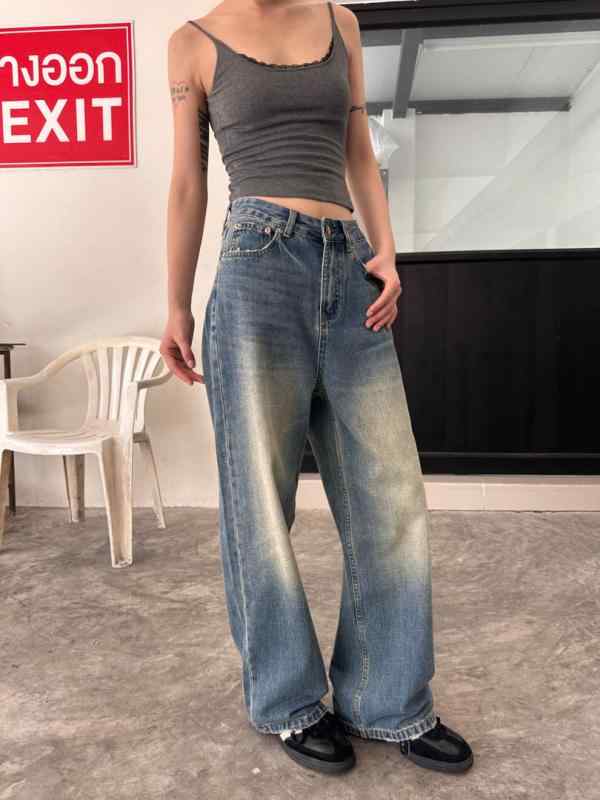 女性用 ハイウエスト ワイドレッグ デニムパンツ ヴィンテージ ウォッシュ加工 アメリカンスタイル レトロ ルーズフィット ロング丈 カジュアル ボトムス ストレッチ素材 ゆったりシルエット 通勤 普段使い