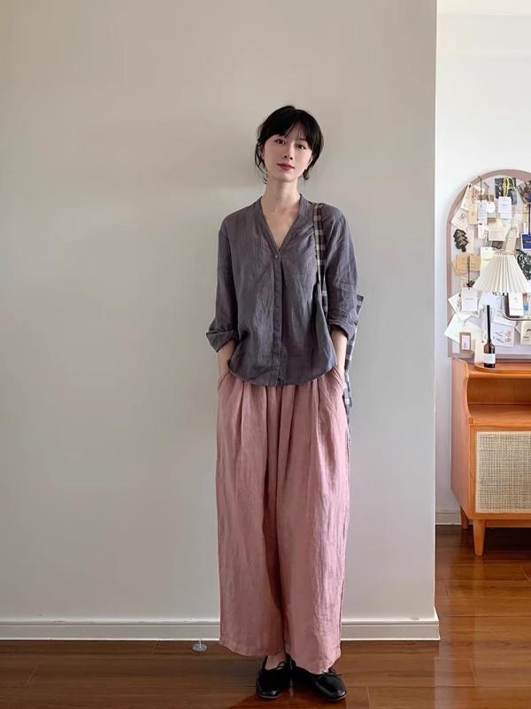 2024 春夏 心地よい 読みもの 女装 v のど首 麻 プルオーバー 長袖 薄っぺら 日焼押しとどめる