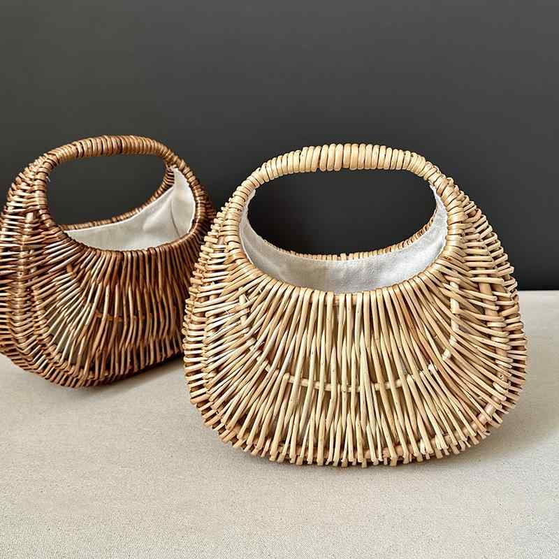 バッグ 夏用 藤編み ハンドバッグ フランススタイル レトロ 月形 ピクニック バスケット 軽量 持ち運び 普段使い 鞄 トートバッグ マーケットバッグ 自然素材 ビーチバッグ アウトドア