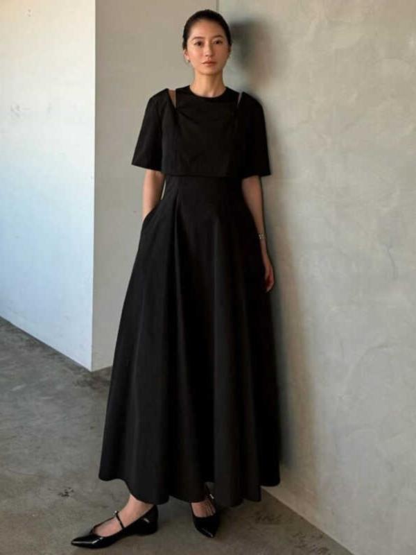 ワンピース 女性用 ブラック オフショルダー Aライン ロングドレス ショートスリーブ フェイクツーピース 春夏 透けデザイン 軽やか シルエット