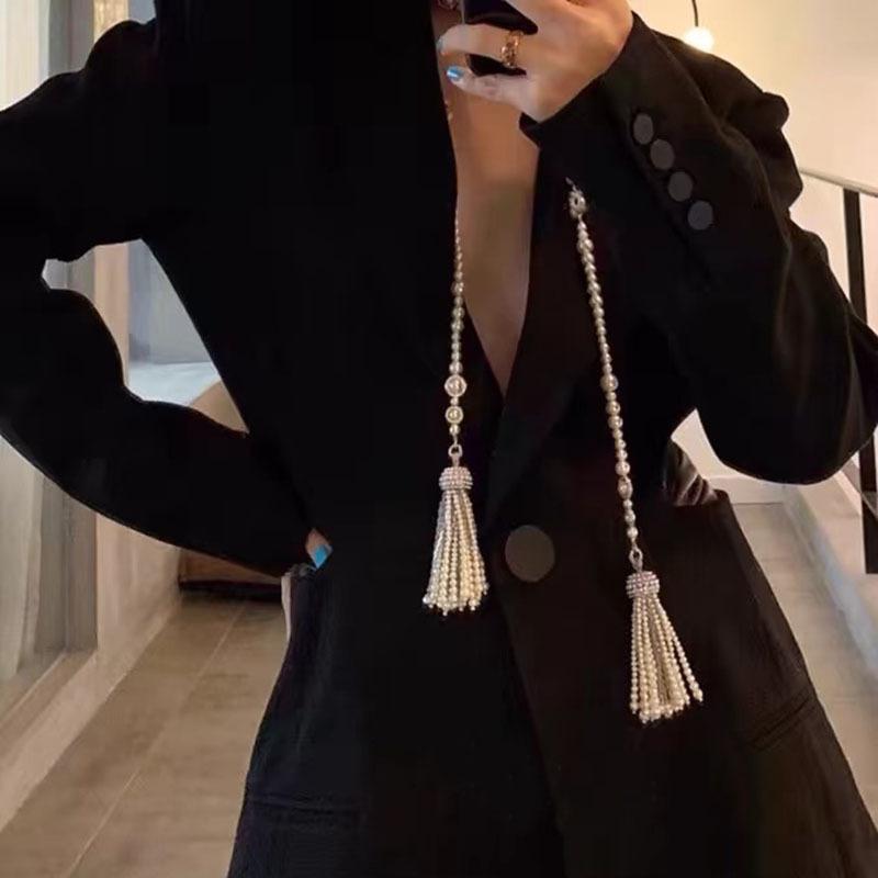 レディース パール ネックレス ロング フリンジ チェーン レイヤード アクセサリー 高級感 エレガント スタイリッシュ 普段使い コーディネート ジュエリー 真珠 装飾品