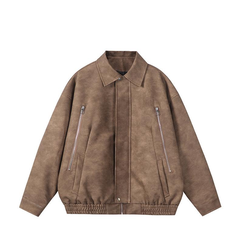 レザージャケット ユニセックス レトロ スタンドカラー ハイストリート ストリートファッション デザイン アビエーター ルーズフィット コーディネート バイカースタイル アウター カジュアル 普段使い