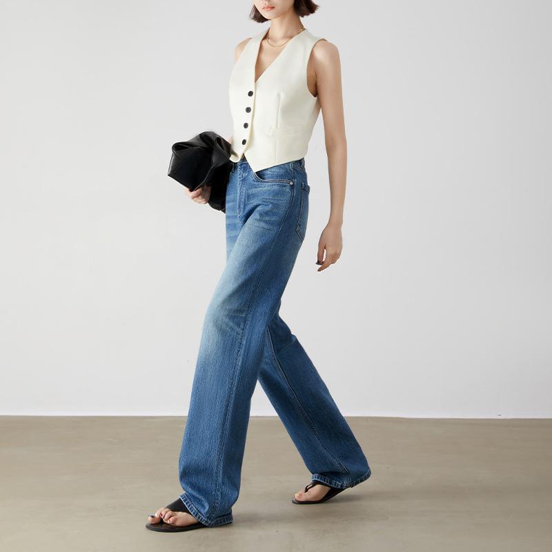 レディース デニムパンツ ハイウエスト ワイドレッグ ロング丈 ストレート カジュアル 普段使い ストレッチ ジーンズ ボトムス 女性用