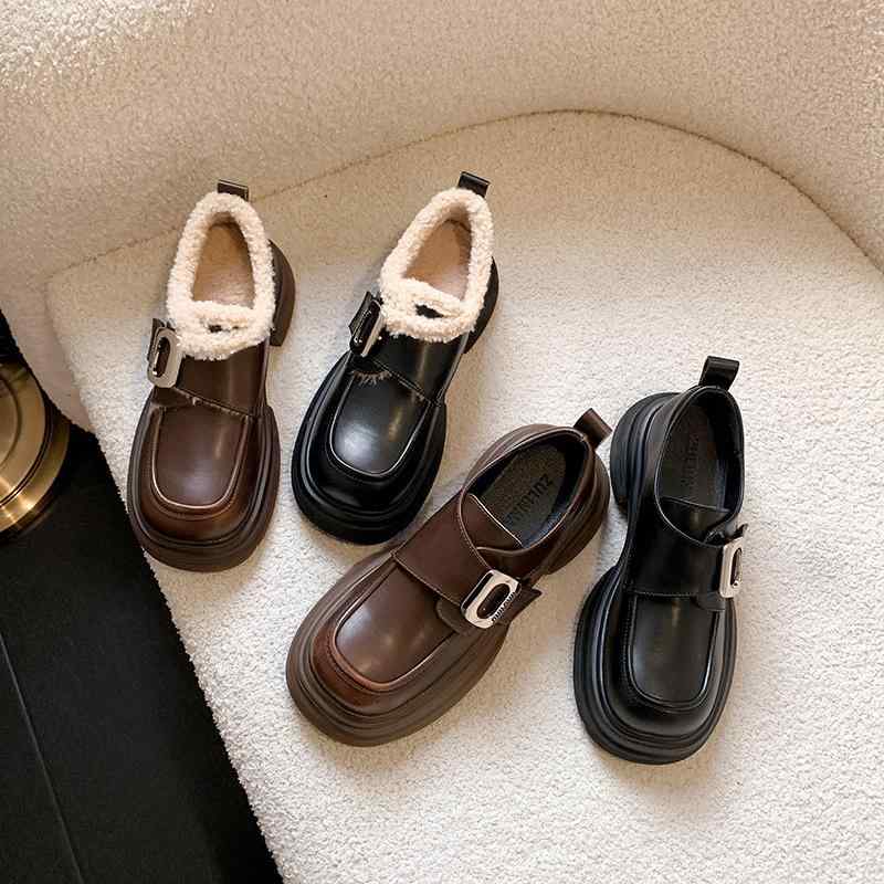 厚底ローファー 秋冬暖か ラムウール 厚手毛 イージーオン ソフトレザー 履きやすい シューズ メンズ レディース ユニセックス 保温性 軽量 日常使い 室内履き