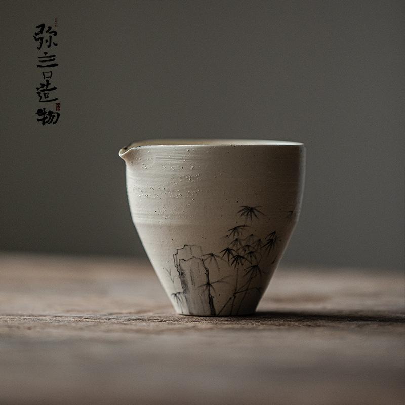 茶器 墨竹 手描き 粉引き レトロ 風 分茶器 均茶カップ 茶海 セット 手作り 家庭用 伝統柄 陶器 日常使い ティータイム