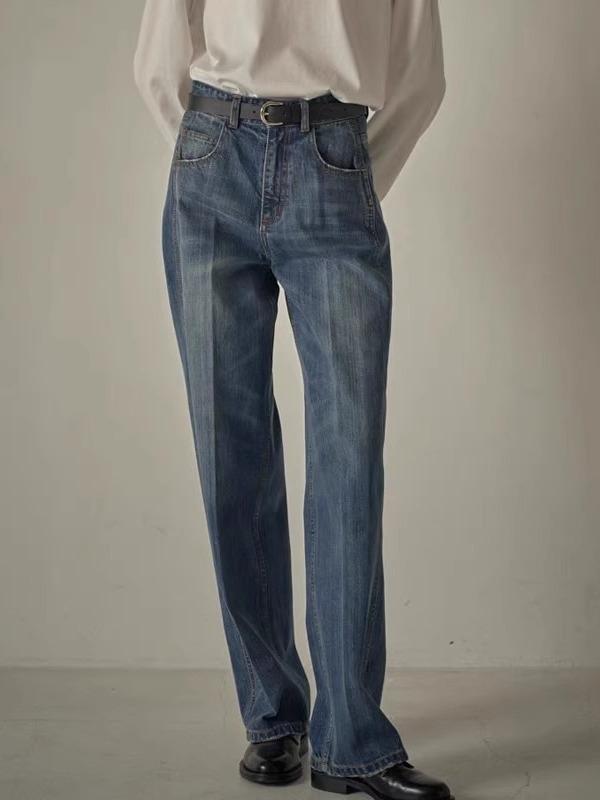レディース デニムパンツ 春秋 レトロ ハイウエスト ストレート ロング丈 ゆったり カジュアル 日常使い ビンテージ風 コットン素材