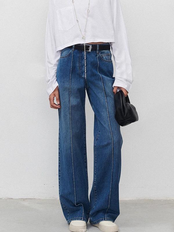 レディース デニムパンツ ストレートワイドレッグ 復古ロング丈 春秋 カジュアル 普段使い コットン混 立体縫製 中縫いライン ゆったりシルエット 伸縮性