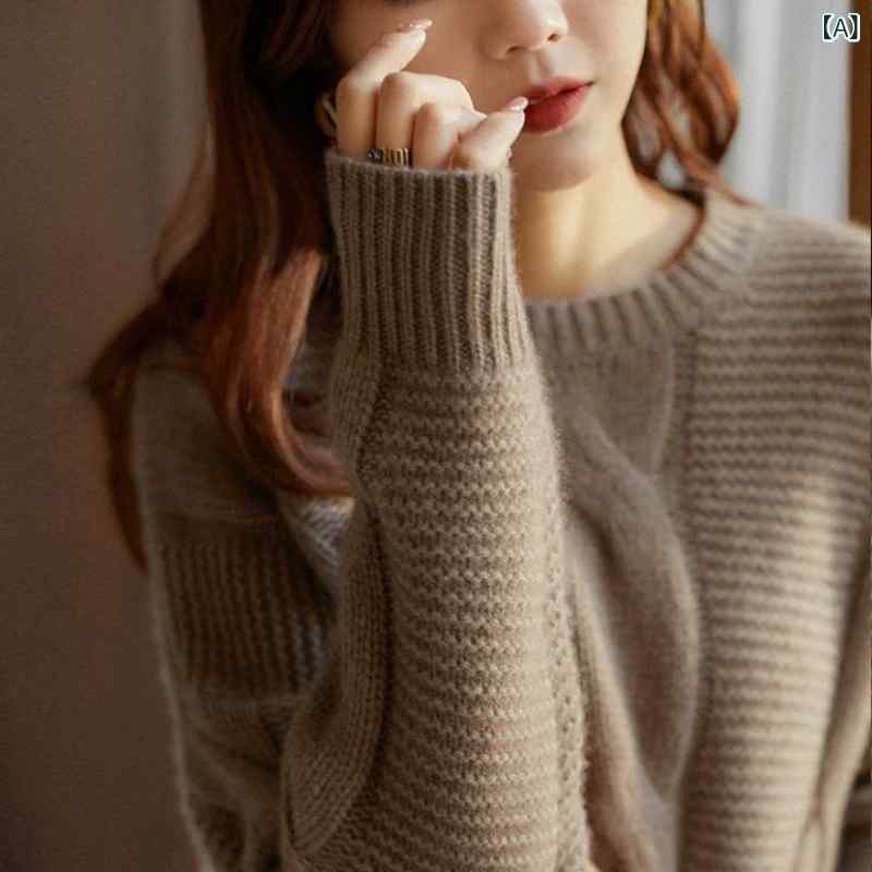レディース ニット セーター 初めましての山羊毛のセーター.女性用.厚手.丸 c ネック仕立て.ゆったりとした.のんびり感のある.ストライプ編みのニットインナーです。｜SEIYUショップ