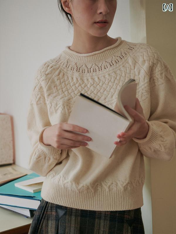レディース ニット セーター レトロな ラウンド ネックの カール した 裾の ケーブル セーター、 女性用 秋 冬 アウターウェア、 ユニークで 美しい トップス、 フレンチ プルオーバー、 ニット ボトム シャツ