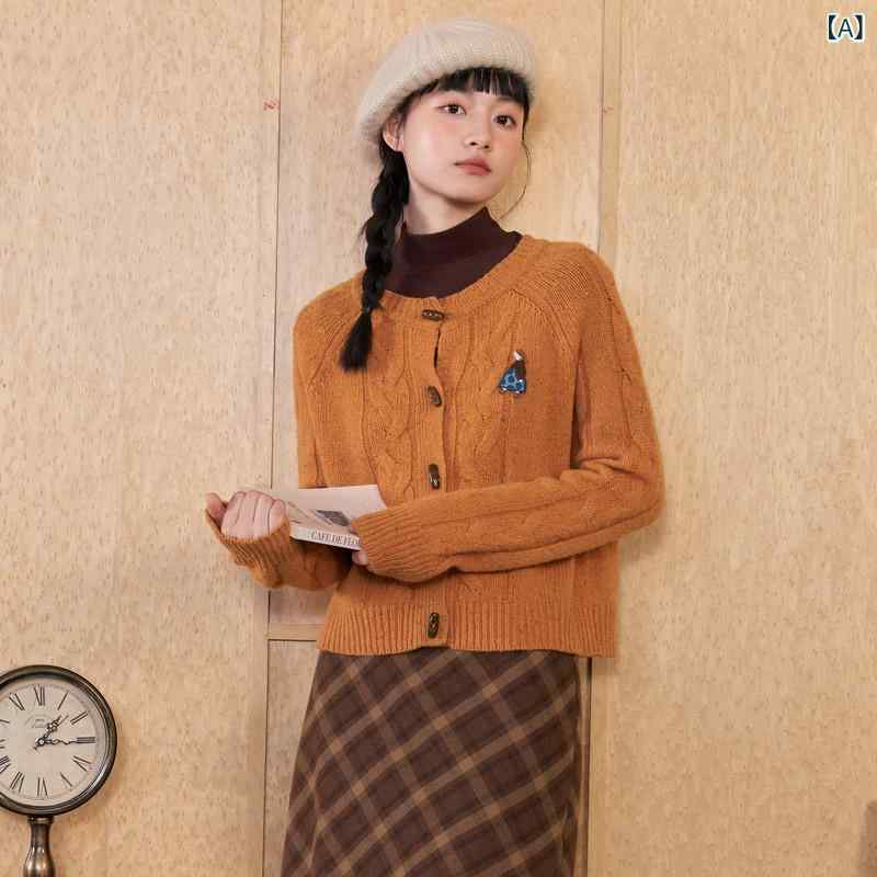 レディース 編み物 ティーシャツ 冬.大時代でゆったりとした紫色の刺しゅう花柄ジレー。教え子服風のウールセータートップス。