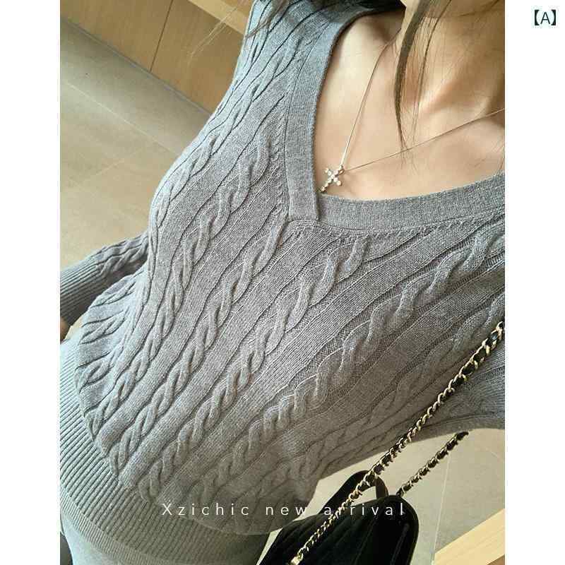 レディース 編み物 プルオーバー XzichicのレトロスタイルアカデミーVネックツイストフラワーニット2025の新作、軽くしっとりしたプルオーバー亭主もち用トップス時間 ニット・セーター-セーター