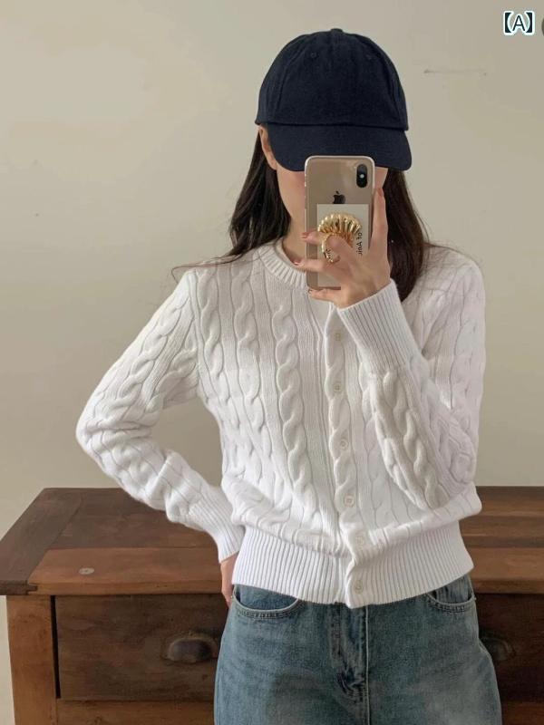 レディース ニット セーター RLプレイボーイの小さな馬のロゴが刺繍されたリブ編みのカーディガン。ラウンドネックで長袖の無地のリブ編みセータージャケット、女性向け。