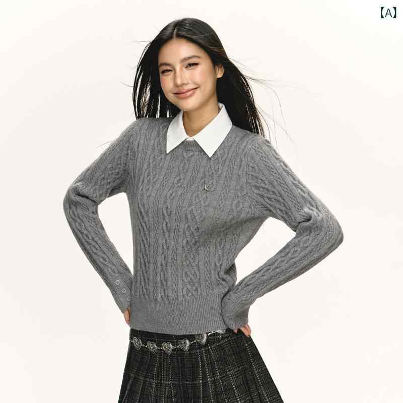 レディース 編み物 スウェーター Ariseismのレトロでシュロの葉のついた2色使い走りの取りはらい能力のある襟がその人の特徴のお上さん用スウェーター.年月。