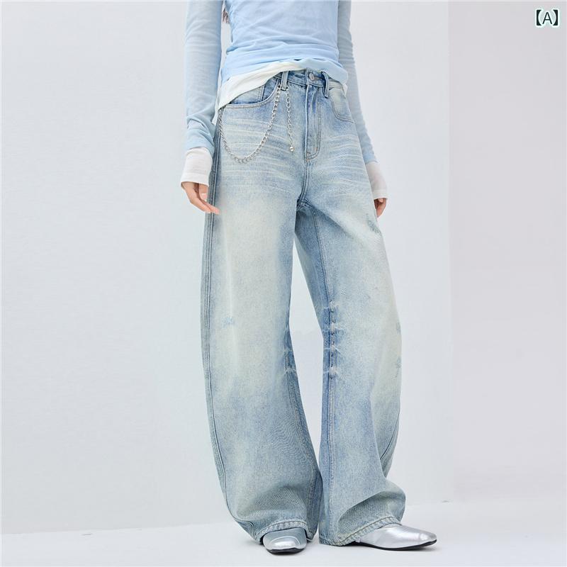 レディース ジーンズ おしゃれ 女性用のクラシックなウォッシュ加工が施されたワイドデニムパンツ、ハイウエストコットンブーツカットパンツ18415602。
