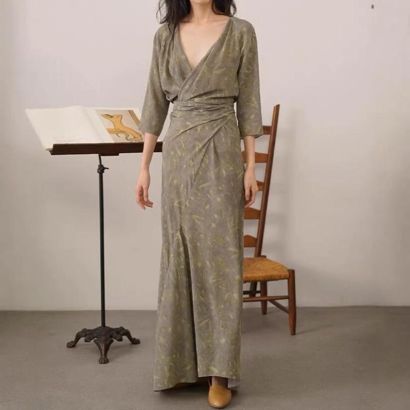 ワンピース レディース Vネック ラップベルト ロング 絹素材 花柄プリント 夏用 軽やか 性 女性服 ドレス ロングスカート シルク インナープリント 通勤 普段使い｜SEIYUショップ