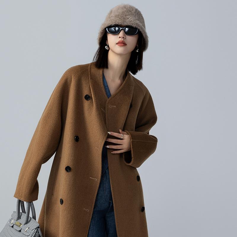 秋冬 コート 女性用 ラクダ毛 カシミア ウール 中長丈 暖か 保温性 小柄対応 ミドルロング フェルト生地 韓国スタイル 普段使い