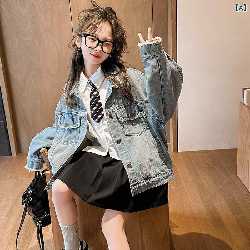 子供用 デニムシャツ 女の子の コートの 春と 秋の スタイル 2024 新しい 子供の 早春の ファッショナブルな 服 女の子の 春の デニム トップス