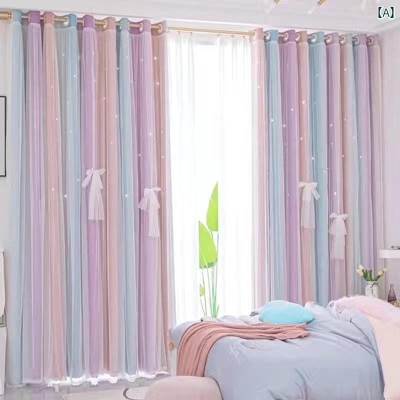 カーテン 遮光 レース インターネット セレブの プリンセス スタイルの 女の子の 部屋の カーテン 寝室の 遮 光 中空 星 バルコニー 出窓 二 重層 布 糸 統合