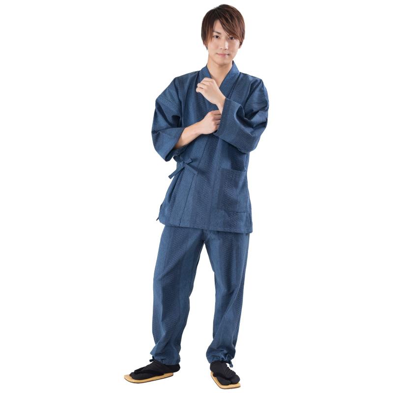 [あい藍] 作務衣｢遠州先染｣ドビー刺子 粋な柄を織りあげたお洒落なさむえです 季節 プレゼント 贈り物 春 夏 秋 冬