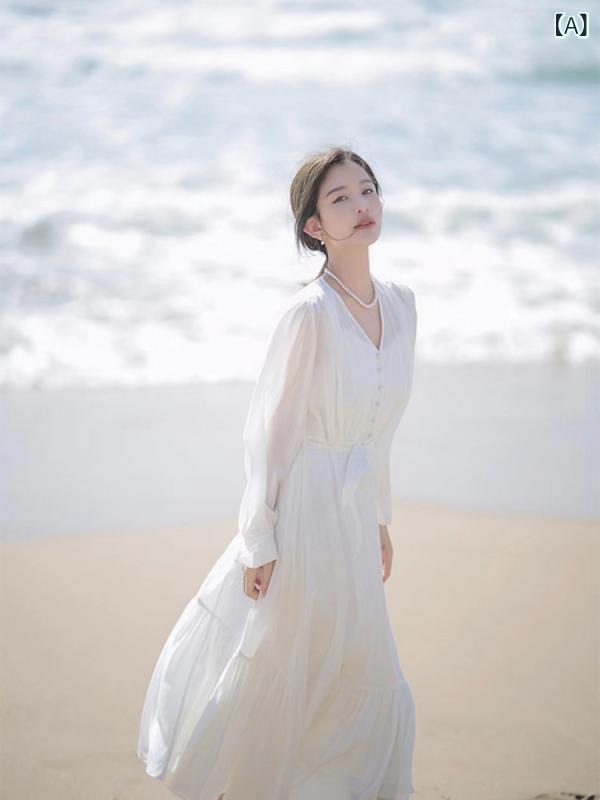 ワンピース ドレス レディース 2025年夏に向けた新作、法式デザインのホワイトVネックのシフォンドレスは女性らしさがあり、高級感も漂う。仙女のようなお茶会やパーティにぴったりな薄手の長いドレス。