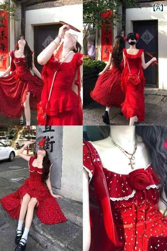 ワンピース ドレス レディース [ ALITTLE ]「真 夏の バラ」 蓮の 葉の 襟 赤い イレギュラー スカート 花柄 ロング