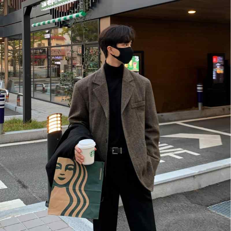 メンズ スーツジャケット 秋冬 韓国風 ゆったり 厚手 ウール 高級感 トレンド ビジネス カジュアル 暖か スタイリッシュ