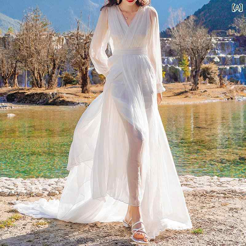 ワンピース ドレス レディース 超 妖精 ファッション 旅行 写真 三 亜 青 海 湖 ビーチ ドレス 海辺の 休暇超 ロングテール バック レス ロング スカート