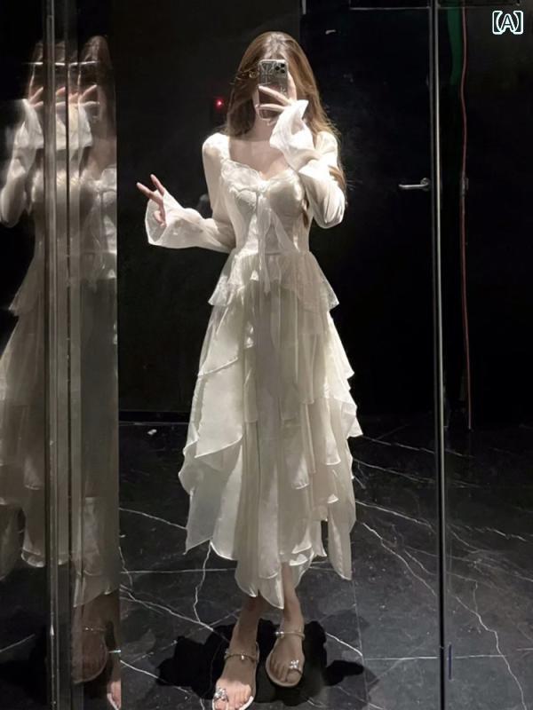 ワンピース ドレス レディース フランスの 優しい 白い シフォン ドレス フェアリー 春秋冬 美しい 不規則な 誕生日小さい ドレス スカート|SEIYUショップ