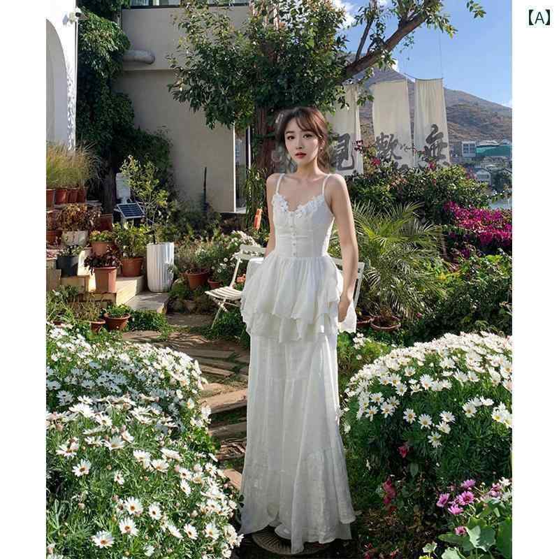 ワンピース ドレス レディース 不規則な デザインと ニッチ ヘムの レイ ヤード ロング スカートを 備えた、 夏用の フランス 風 レトロ ホワイトウッド 耳 縁 サスペンダー ドレス。