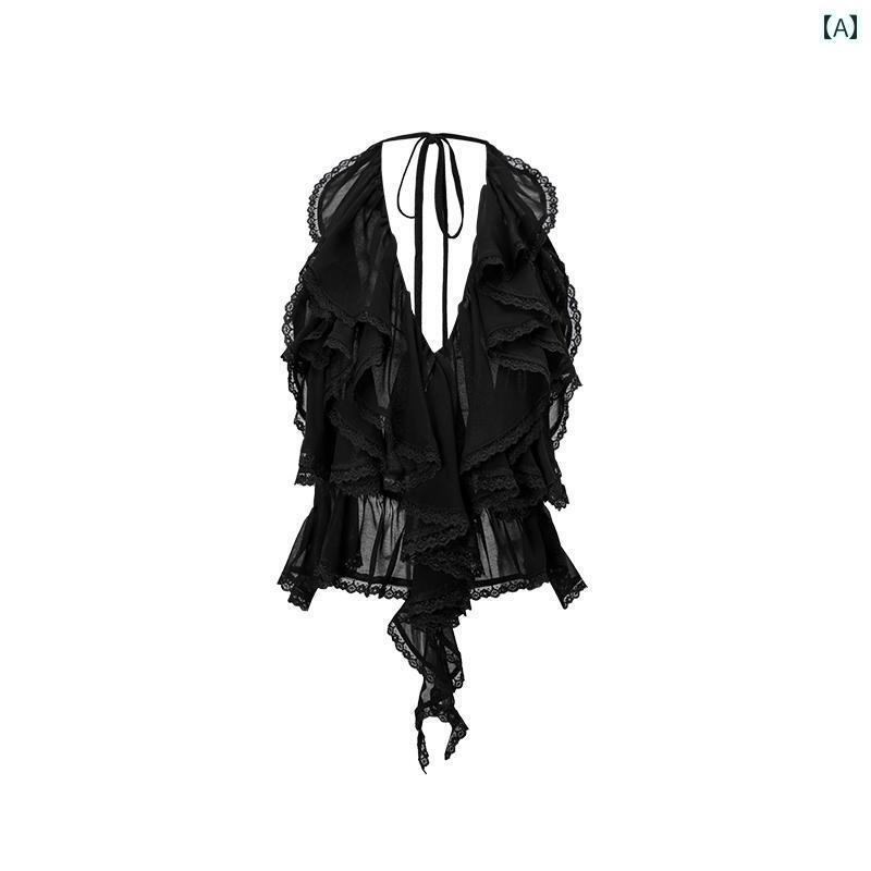 ホルターネック レディース トップス ホルターネック レディース トップス 1 JINN STUDIO 爽や かな 夏 メッシュ ホルターネック シワ フリル ベスト大きな 背中 開き レース トップ