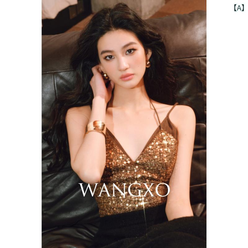 ホルターネック レディース トップス ホルターネック レディース トップス WANGXO｜ 輝く ゴールド 銅 アンモニア シルク｜手 縫いの 縫い目｜ 調節 可能な フェイク ツーピース ホルター ストラップ