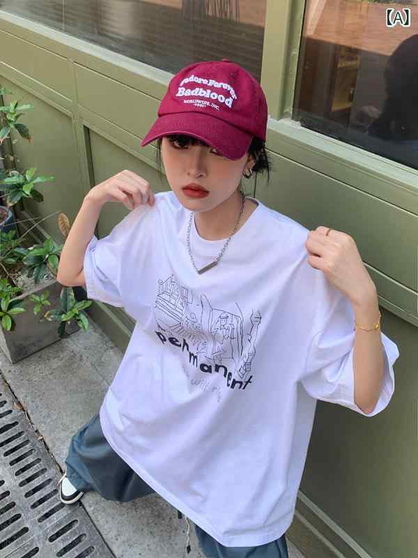 送料無料　Tシャツ　ゆったり　インナー SIXI 春 夏 シンプル ドローイング プリント 半袖 T シャツ レディース ラウンド ネック ホワイト ゆったり コットン トップス