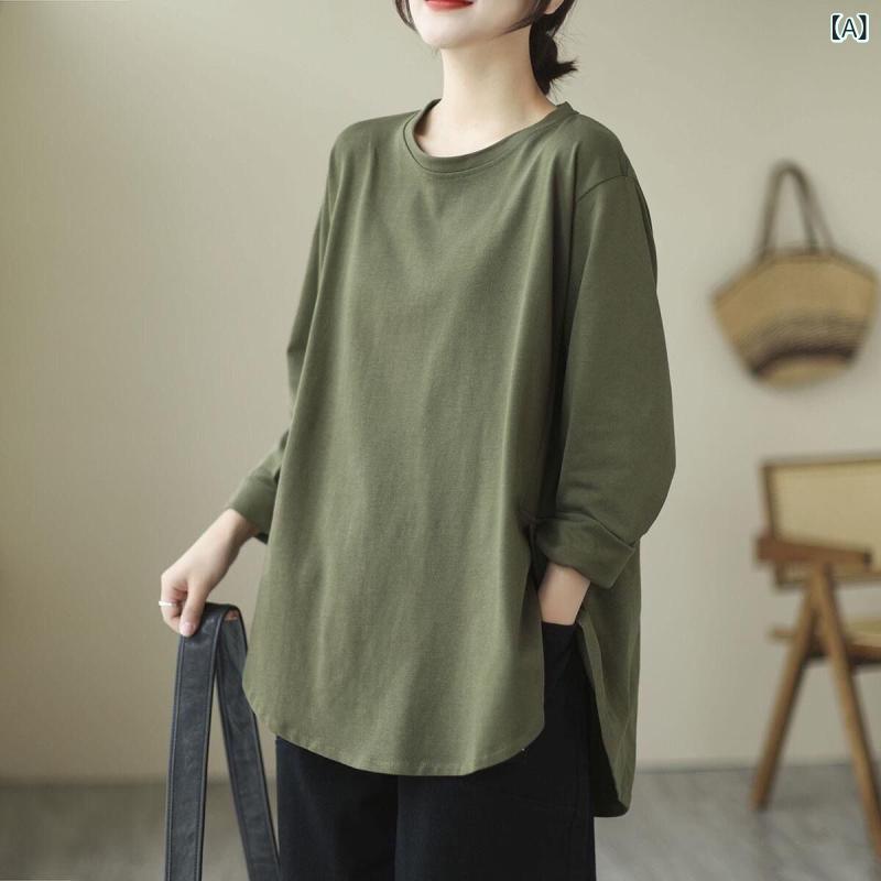 送料無料　Tシャツ　ゆったり　インナー 新作 純 綿 春秋 ラウンド ネック 長袖 T シャツ レディース、 ゆったり スリム、 万能 ミドル 丈 スウェットシャツ ボトム トップ