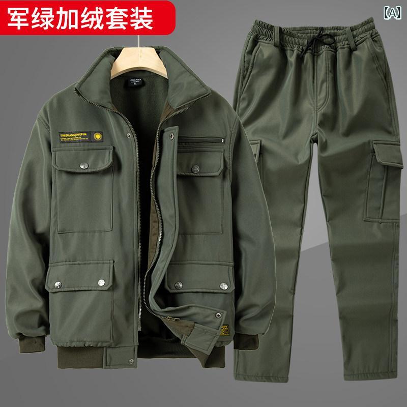 送料無料　作業服　迷彩　セット メンズ 秋 冬 作業 服 スーツ プラス ベルベット 労働 保護 厚手 防水 工事 現場 耐 摩耗 屋外 迷彩 ジャケット