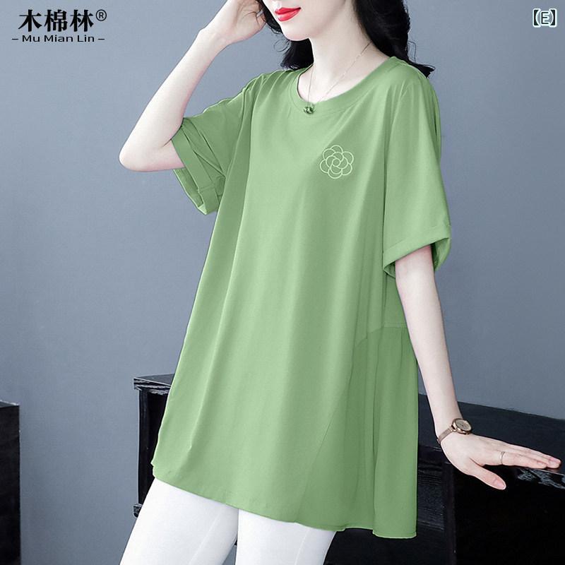 レディース　Tシャツ　半袖 大きいサイズ ゆったり プリント ラウンドネック トップ 綿 半袖 Tシャツ レディース 夏 太った ママ カジュアル お腹 カバー スリミング シャツ