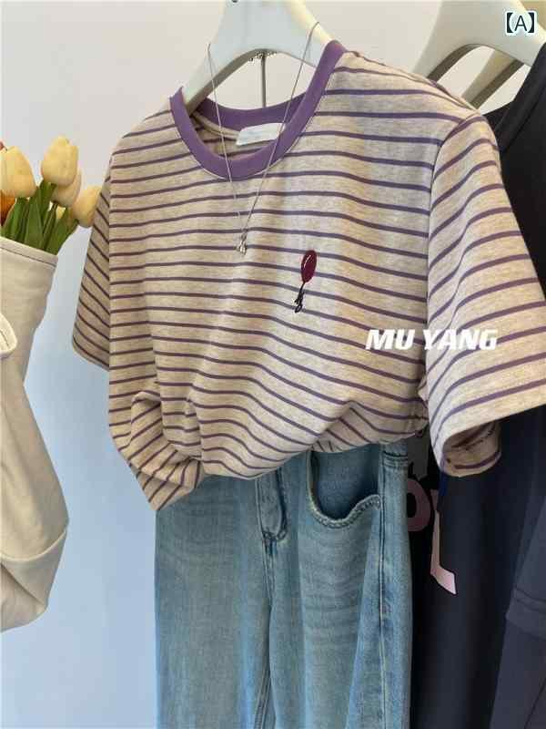 レディース　Tシャツ　半袖 特大 サイズ 300 ジン ストライプ 半袖 Tシャツ レディース 2025 夏 ゆったり おしゃれ シック トップス