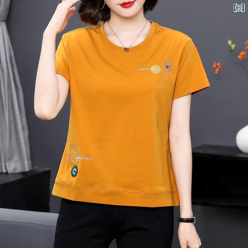 レディース　シャツ　トップス 赤い 半袖 Tシャツ レディース 夏の 韓国 ファッション ラウンドネック 刺繍 ゆったり 大きいサイズ 風 年齢を 軽減 する 母親の 摩耗