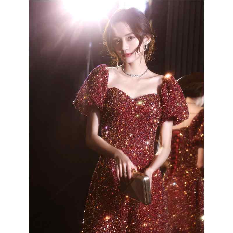 秋冬 レディース ウェディングドレス ワインレッド スパンコール ロングスリーブ ペティート 結婚式用 腕隠し フォーマル パーティー 普段使い ロング丈 伸縮性 吸湿速乾