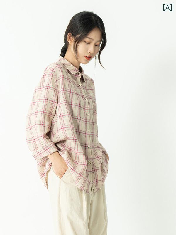 レディース  ティーシャツ トップス Xihe ウォッシュ 2 色 糸 染め リネン 綿織物 読みもの ゆったり 心地好い ティーシャツ トップス レディース