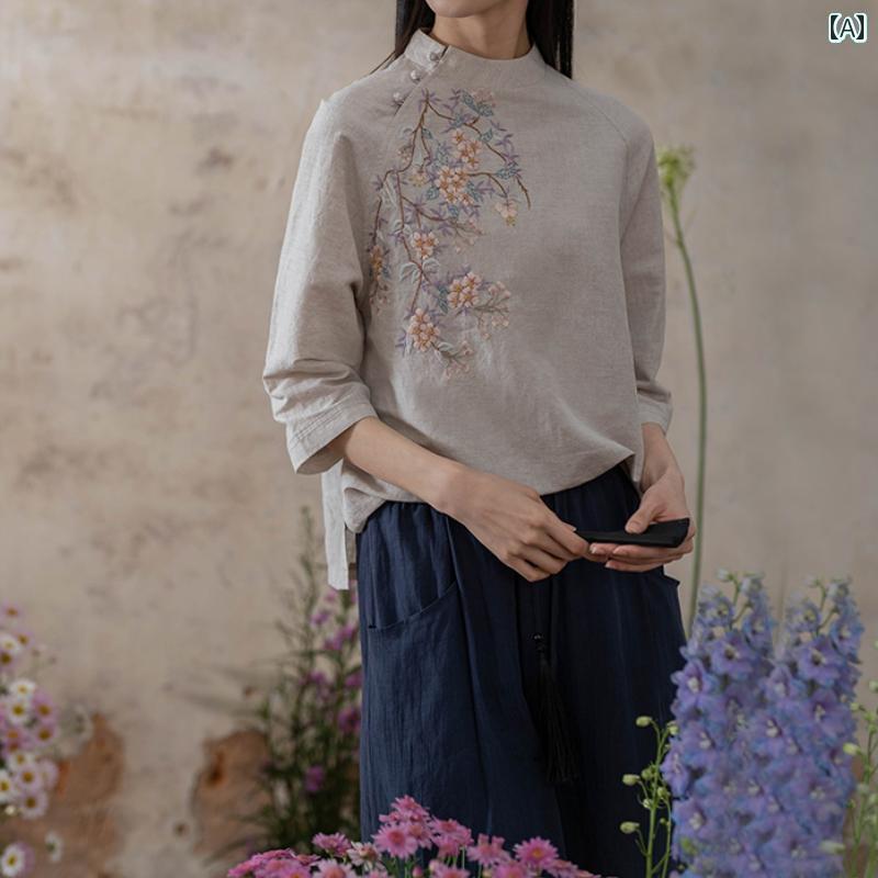 レディース シャツ トップス 【 手 刺繍】 Yanzuo 雨 露 リネン ライト 中国 綿 麻 シャツ Ni Ya 2|SEIYUショップ