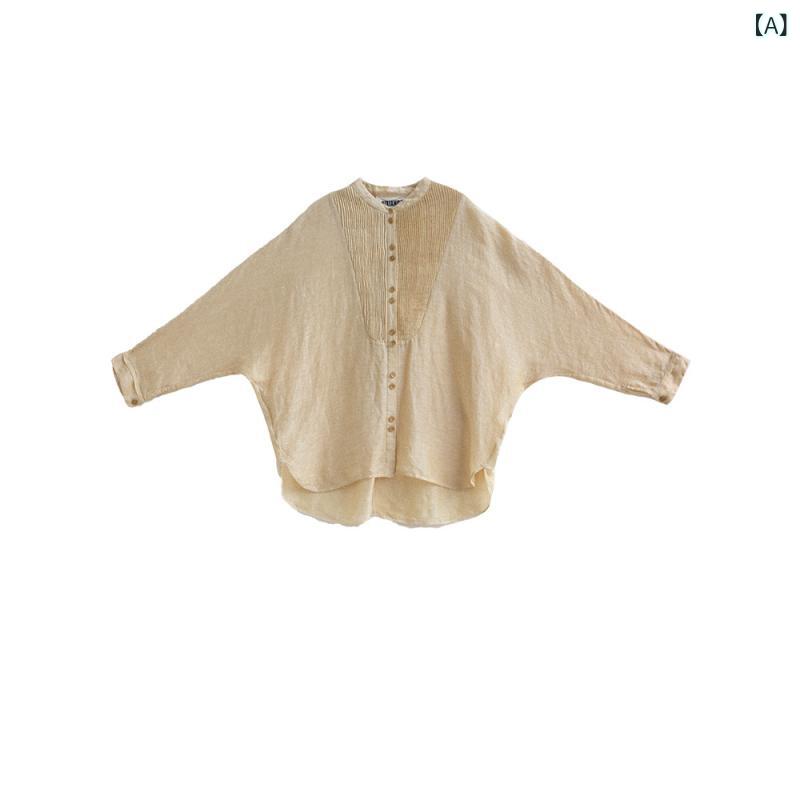 レディース　　シャツ　トップス Qixiang 婦人服 桑 絹 リネン プリーツ シャツ 無地 通勤 バット スリーブ
